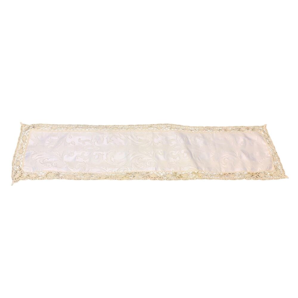 Cream Paisley Tapestry Table Runner Crochet Hem Made in England 41x11 Grannycore